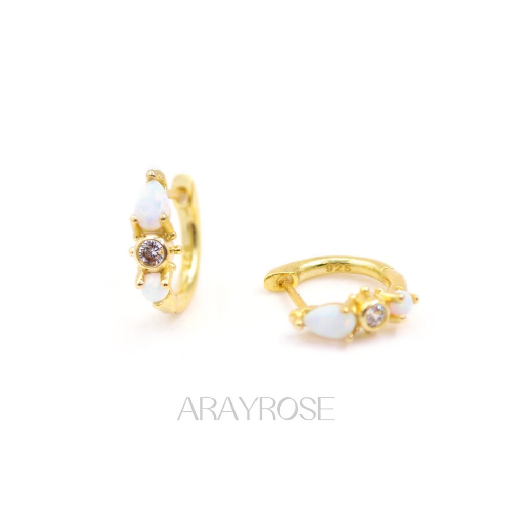 New Gold Opal Huggie Earrings, Opal Sun Hoop Earrings, Opal Earrings
